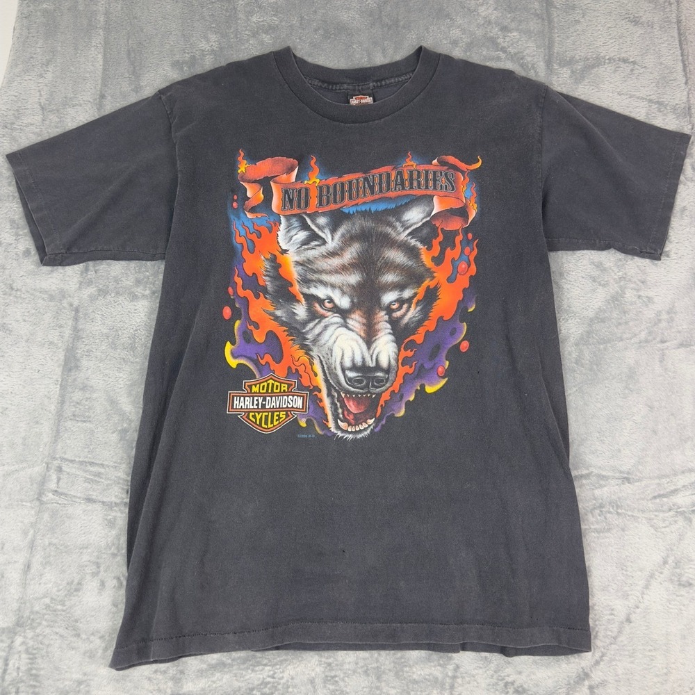 Vintage Harley Davidson Cycle No Boundaries Wolf Flame T Shirt Men XL Black 1996